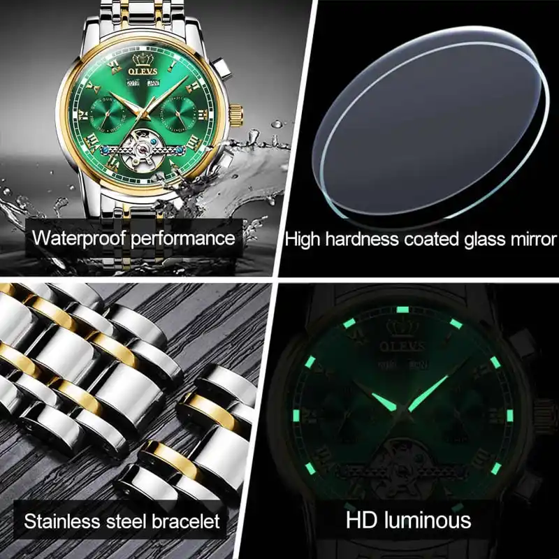 OLEVS Mechanical Men Watches Automatic Stainless Steel Waterproof Date Week Green Fashion Classic Wrist Watches